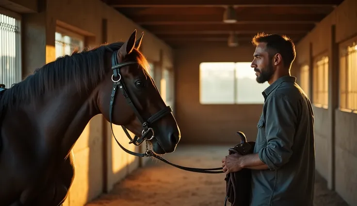 A peaceful yet determined scene of a man, Dwi, standing next to his horse Gelap in a stable, with Gelap looking alert and energetic. Dwi is holding a saddle and preparing for their next training session. The background shows a well-kept barn with sunlight ...