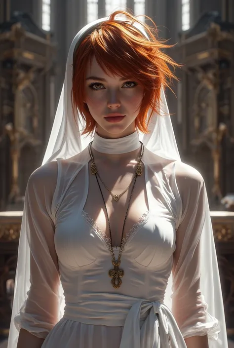 25 year old nun, athletic build, perfect eyes, enigmatic smile, bright red hair, really messy spiky haircut, small c-cup breasts, wearing see-through skin-tight white habit and coif, background is cathedral, standing in front of altar, high detailed, high ...