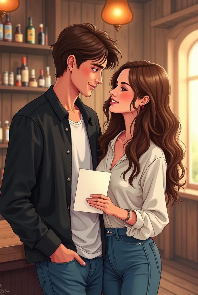 
Create a drawing of a young and smiling couple. The woman has wavy brown hair, about 20 years old,  wearing casual clothes like jeans and a white shirt . She holds a romantic letter,  looking at the man next to them , Who also has wavy brown hair and is 2...