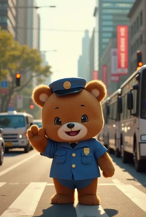 Labubu, a cute brown furry doll-like character, wearing a blue police uniform,
Labubu raises one hand to signal traffic to stop at an intersection, the road is filled with waiting cars and buses. The background shows tall buildings, traffic lights and busy...