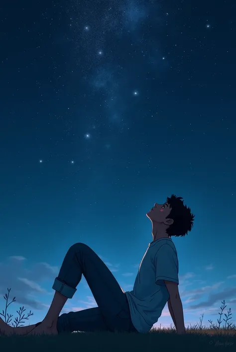 Young man looking up at the sky backwards on a clear night