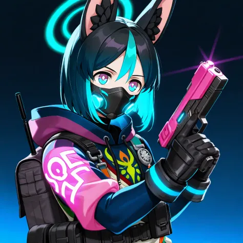 tighnari, with futuristic mask on face, with neon blue halo over head, with neon blue glowing hair, with glowing neon pink eyes, with neon blue tactical gloves, with glowing clothes in black, neon pink, and neon blue, holding Pistol, with head in picture, ...