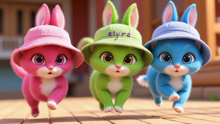 "In a lively and whimsical scene, a Pixar-style 3D animation in stunning 4K HD quality, with a Disney-inspired aesthetic. Three very beautiful kittens with brightly colored fur—vibrant shades of pink, green, and blue—stand out with their detailed, ultra-hi...