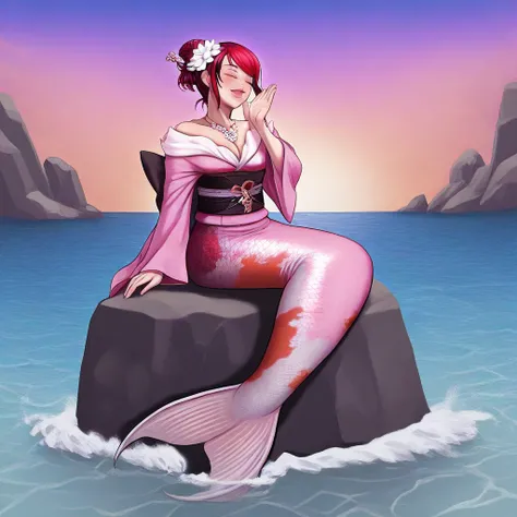 1girl, koima, mermaid, sitting on a rock, hair buns, eyes closed, peacefully singing, white flowers, necklace, pink kimono top, beautiful ocean, inlet, rocky shores, (calico pattern:0.8), masterpiece, highest quality, absurdres, digital art, very detailed,...