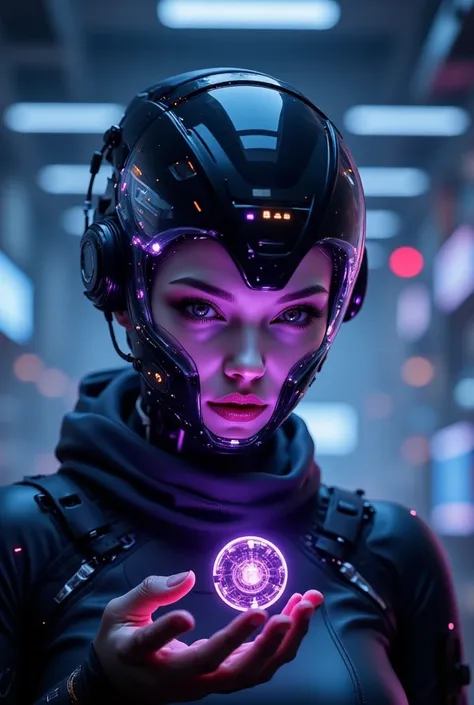 (best quality, 128k,highres,masterpiece:1.2),ultra-detailed,(realistic,photorealistic,photo-realistic:1.37), ((masterpiece)) ((photography)) ((Highest quality)) A futuristic female engineer wearing a black cybernetic suit and a high-tech helmet with a tran...