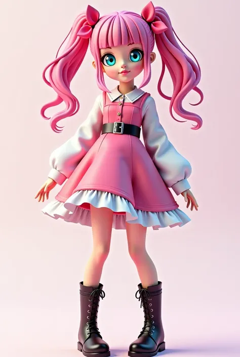 a close up of a person wearing a dress and boots, un dibujo de anime inspirado en Jin Homura,  trend in cg society, what is?, render of a cute 3D anime girl,  VTuber full body anime model ,   anime style , pink hair with pigtails and cyan eyes , 3D anime g...