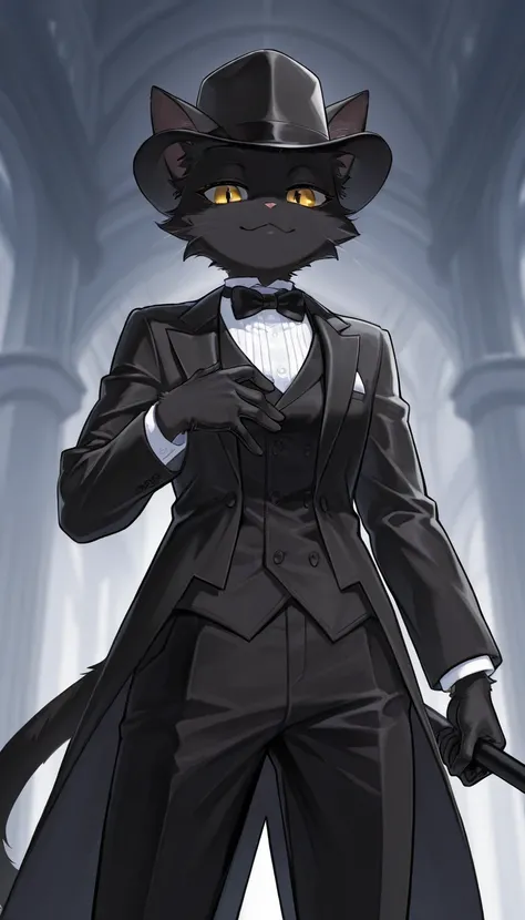 masterpiece,  top quality,  Amazing Quality ,   Very Aesthetic ,  high resolution,  Super Detail,   is ridiculous,  One Cat Girl,  like fur,Jet-black fur 、 black silk hat、 black tuxedo 、gentleman's stick 