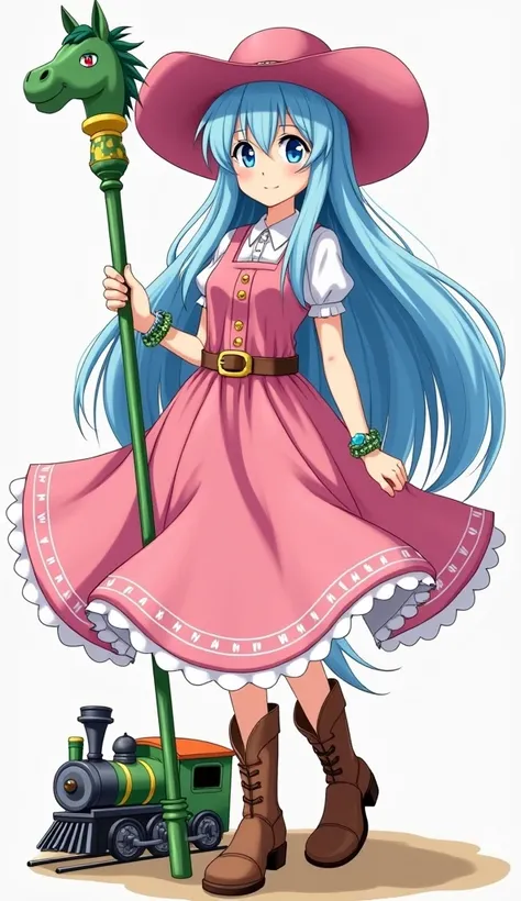 anime girl with big pink Bonnette hat long sky blue waterfall hair blue eyes pink western dress open front skirt green bracelet with aquamarine stone on left wrist western boots holding green staff with horse head on top and train engine on bottom