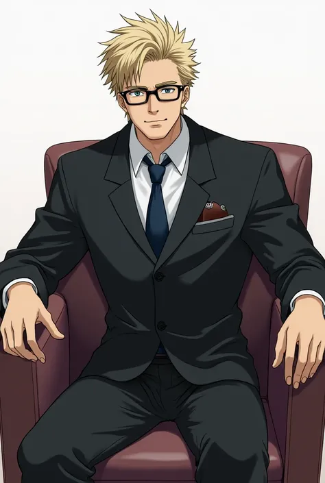 

" please , create an image of Satoru Gojo of  *Jujutsu Kaisen*,  in his distinctive formal attire ,  sitting in a chair .  I want him to look relaxed but with a confident attitude,  wearing his dark glasses and with a simple background ."

