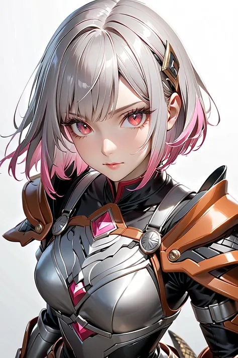  1girl , cowboy shot, from above, looking at viewer, A strong and intelligent female hunter reimagined in the Monster Hunter universe.  sleek chin-length wavy bob hairstyle with sharp, clean edges and slightly parted bangs, lob, The hair features a subtle ...