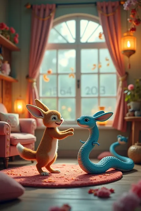 Happy New Year 2025 A picture of a  and a blue snake playing at home in a fairy tale with all the numbers and letters