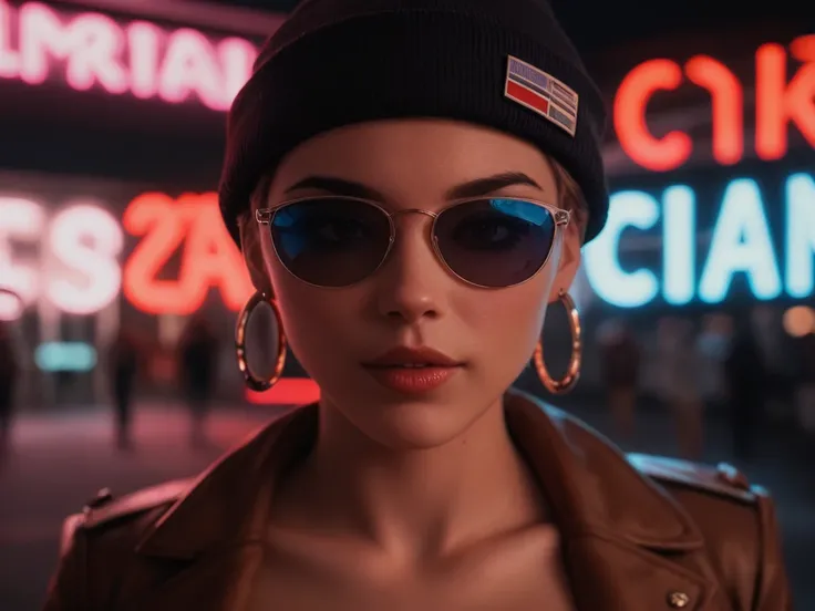 Face close up, flight attendant, watching over black sunglasses, jacket, naked, neon light reflections on skin, ear ring, makeup, skin imperfection, short hair, beanie, neon lights background, low light, depth of field, highly detailed, high contrast, film...