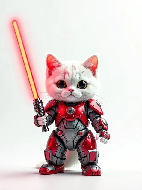 cute white cat, standing, cute, (((realistic))), Wearing a color red techno robotic costume, sazabi, holding a red light saber in his right arm,  white background pictorial studio type