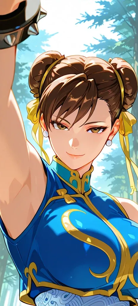 score_9, score_8_above, score_7_above, score_6_above, source_anime, to break, Chun-Li, 2 buns, ,  Big breasts , bare shoulders, Alone,  all four ,  seductive smile,  looking at the viewer,  forest background showing armpits. 