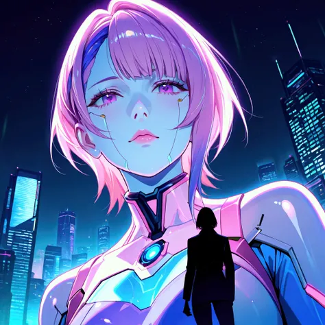 "A futuristic, high-tech digital artwork with a cyberpunk aesthetic. The background features a sleek, glowing cityscape with towering skyscrapers and holographic projections, symbolizing the future of technology. In the foreground, a hyper-realistic human ...