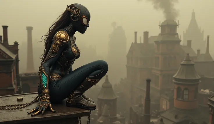 "Steampunk female Spider-Man, wearing a detailed steampunk-inspired suit with brass and leather elements, intricate clockwork designs integrated into her armor, goggles on her head, and a steam-powered grappling hook on her wrist. Her suit features metalli...