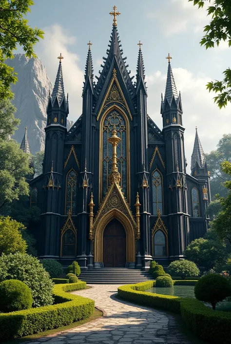 A black palace ,de marmore,in gothic architecture, with golden ornaments and a garden