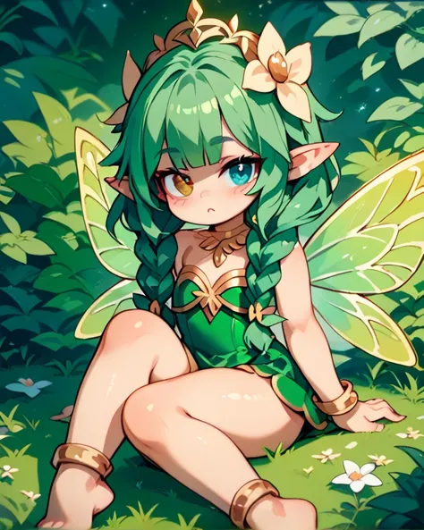 little fairy girl(masterpiece)、 heterochromic iridosis eye(leaf green and chrome green)、 green hair( braids)、 sitting in a flower field(Sitting flat)、 fairy wings(Transparent swallowtail butterfly wings)、Your eyes are sparkling、 GOLD BRACELET 、Gold Anklet