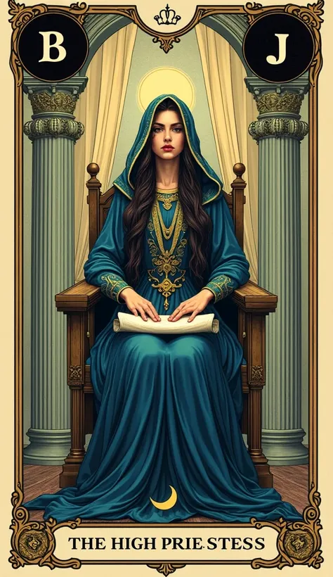 Ilustración de The High Priestess,  designed as a classic tarot card ,  inspired by the Rider-Waite deck style .  The central figure is a mystical woman seated on a throne between two , a black one with the letter  "b"  and a white one with the letter  "j"...