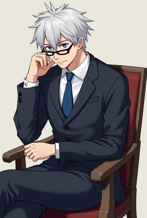 

" please , create an image of Satoru Gojo of  *Jujutsu Kaisen*,  in his distinctive formal attire , sitting in a chair that can't be seen in the picture.  I want him to look relaxed but with a confident attitude, with white hair wearing his dark glasses ...