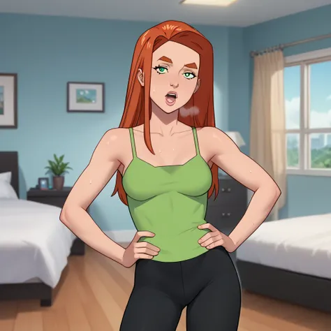 score_9, score_8_up, score_7_up, absurdres, looking at viewer, indoors, bedroom, curtains, full-length mirror, blurry background, depth of field,  BREAK GreenTankTop_AtomEve_ownwaifu, 1girl, orange hair, shiny hair, straight hair, eyelashes, green eyes, lo...