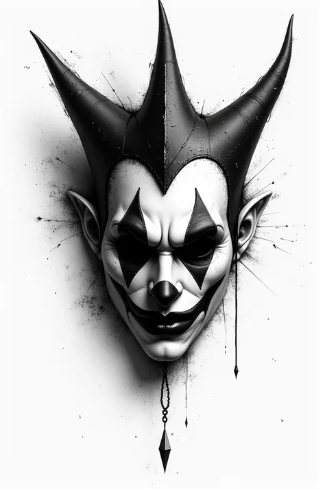 Create a black and white sketch tattoo design of a harlequin mask with a meaning of dark psychology on a white background