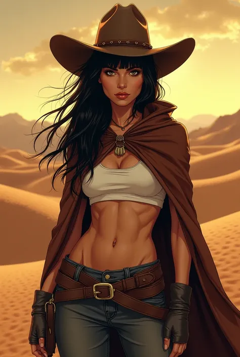 a woman in a cowboy hat is standing in the desert, marc brunet, physical : tinyest midriff ever, long dark hair with bangs, buffy the vampire slayer, manhwa, an olive skinned, flat chest, dark natasha, wearing a brown cape, cougar, comic book:.2, by Sam Bl...