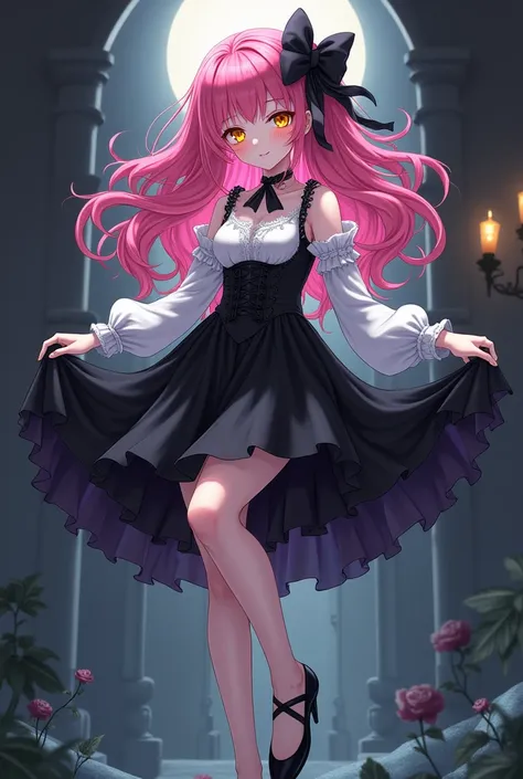 Vampire girl from anime,  pink hair,  golden eyes,  white skin,  black and white dress , Black skirt,  black shoes .
