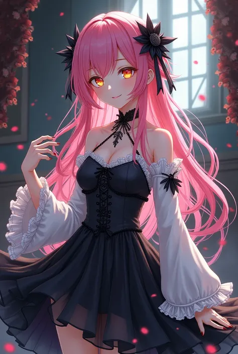 Vampire girl from anime,  pink hair,  golden eyes,  white skin,  black and white dress , Black skirt,  black shoes .
