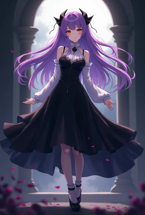 Vampire girl from anime,  purple hair,  golden eyes,  white skin,  black and white dress , Black skirt,  black shoes .
