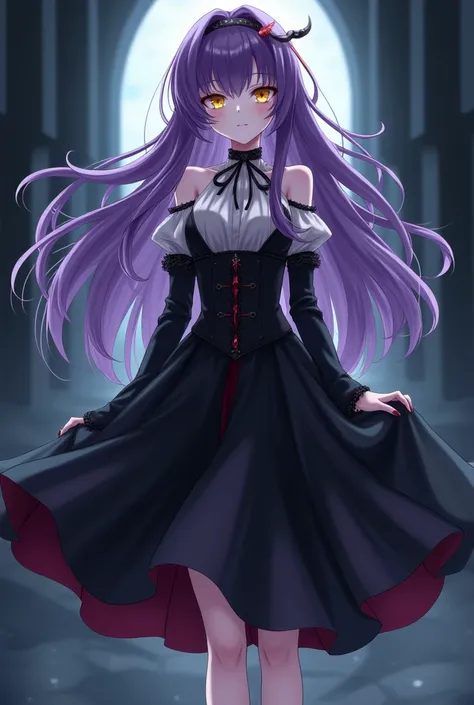 Vampire girl from anime,  purple hair,  golden eyes,  white skin,  black and white dress , Black skirt,  black shoes .
