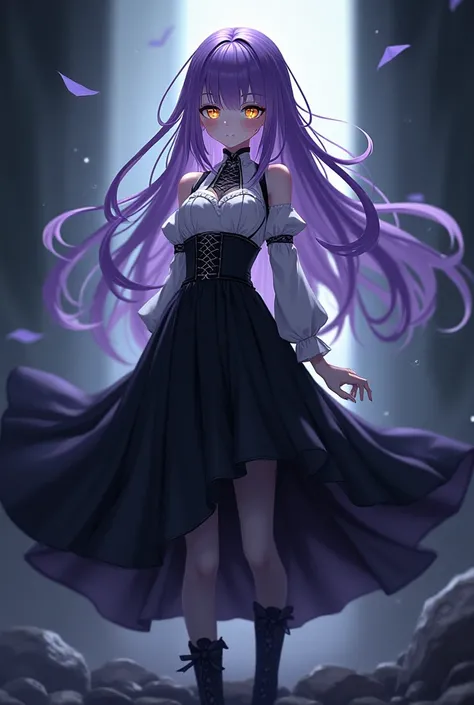 Vampire girl from anime,  purple hair,  golden eyes,  white skin,  black and white dress , Black skirt,  black shoes .
