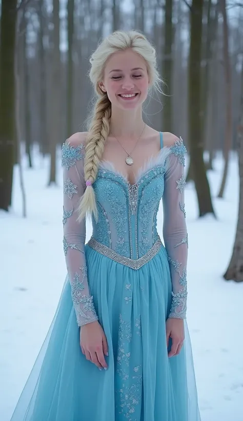 she smiles and blinks her eyes. The image depicts a person standing in a snowy forest. The individual is wearing a detailed, light blue dress with intricate designs and embellishments. The dress features a fitted bodice with a corset-like structure, adorne...