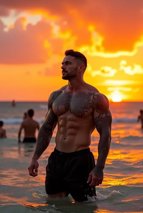 Of course.  Here is a detailed description of the image :

 The image shows a muscular, tattooed man standing in the ocean at sunset .  It is slightly turned to the left ,  looking to the horizon.  The man has a bare torso ,  showing an extremely defined p...