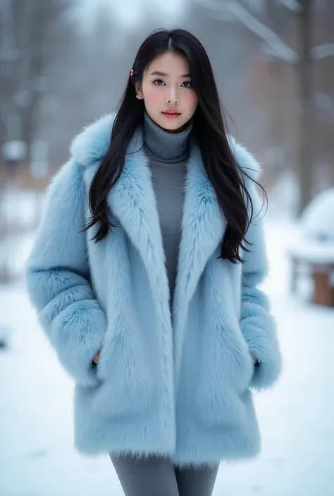 Beautiful asian women with long black straight hair, 20 years old,sexy, wearing a cute fur light blue jacket, turtle neck sweater, leggings, hair accessories, snow, jewelry,  earrings, outside of a mansion enjoying the snow. Beautiful snow, beautiful scene...