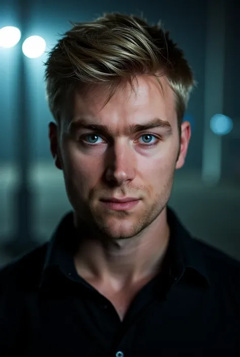  blond man, blue eyes, short blonde hair, at night, black shirt,  looking at the viewer 