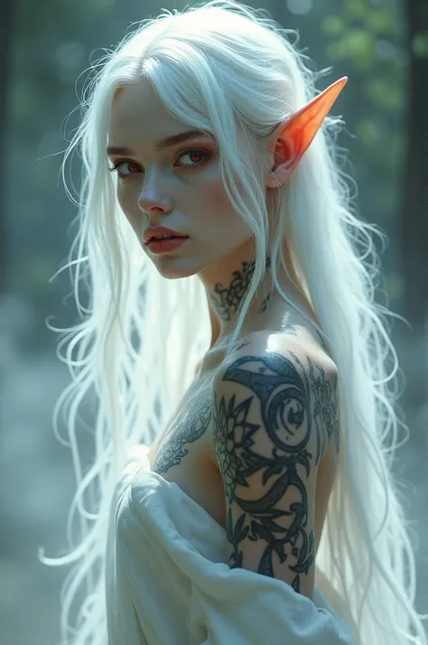 I want a white, tattooed elf with white hair and red eyes 