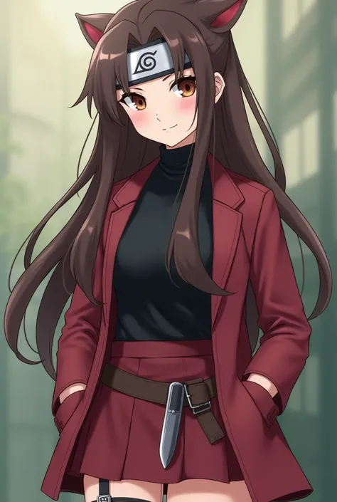 That she is an anime girl, especially the Naruto anime, similar to a lady zone with brown hair that is not that long, but not that it is too short, that is normal brown eyes, a black blouse, that is, super flirty and on top of that a jacket, a ninja shot w...