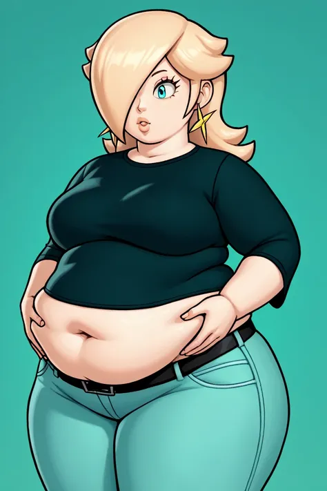  score_9,  score_8_arriba,  score_7_arriba,   source  _animated, Rosalina(big fat body),  blond hair, Blue eyes,   hair over one eye ,  long hair,  star earrings, Alone , cowboy shot,  black t-shirt ,  tight clothes , fitted shirt,  midriff, belly button, ...