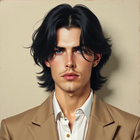 retrato,  Illustration realistic oil painting .  realistic image,  photo, aesthetics.  Detailed image . luxury environment, elegance,  high standard ,  harmonious .  front view ,  front focus. Front model pose .  Adult man with a symmetrical and perfect fa...