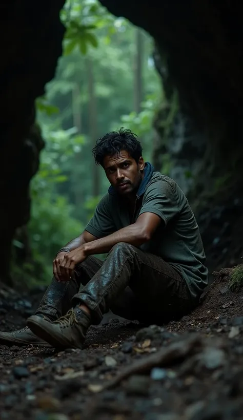 Ahmad, an indonesian mountain climber, is seen lost in the dark forest. He is sitting at the mouth of a cave in the middle of the forest. His face looks tired and desperate. His clothes are dirty with mud.
