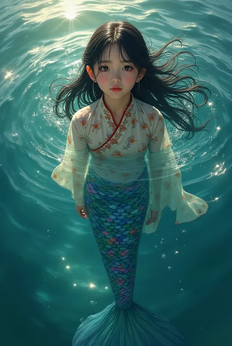 Make me a Chinese teenager girl wear Chinese shirt and transformation into mermaid her body ontop of the sea showing her mermaid tail 