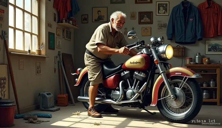 ### **Figure 2： An old man and a motorcycle's dream **  
- **Composition**： The picture focuses on a shabby garage ， The wall is covered with old pictures and riding clothes ，There are tools scattered on the floor 。  
- **Character**：An old man，Leaning bac...