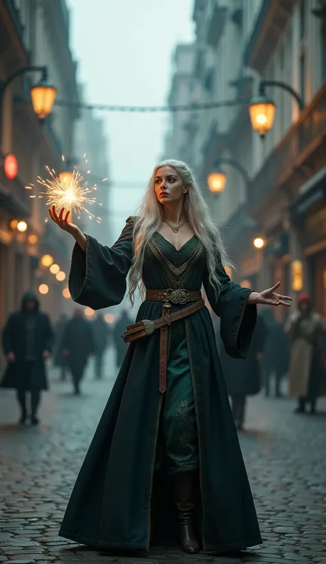  Woman with white hair casting a spell in the center of a city, Clothes from the 1980s, aura de magic, magic, Dark fantasy genre, magic,  soldier,  High quality cutlery,  8k quality,  very detailed face, Cinematic
