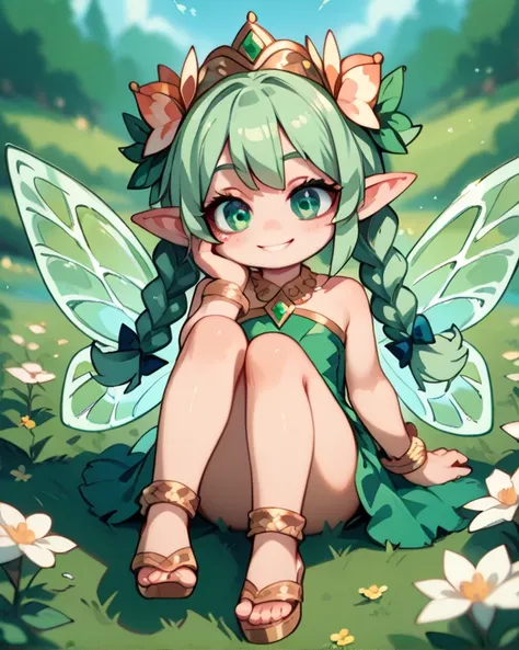 masterpiece,  top quality,  Amazing Quality ,   Very Aesthetic ,  high resolution,  Super Detail,   is ridiculous,little fairy girl(masterpiece)、 heterochromic iridosis eye(Light green eyes and dark green eyes)、 green hair( braids)、 sitting in a flower fie...