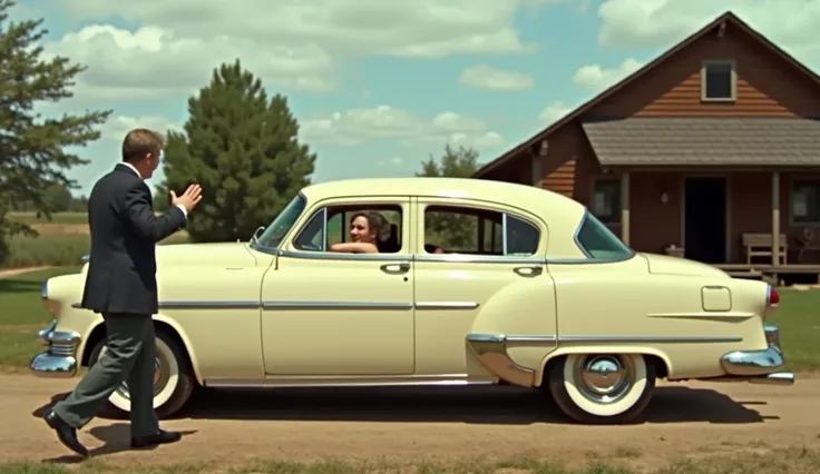 Image is a candid photograph featuring a vintage, cream-colored car parked on a dirt road in a rural setting. The car has a classic design with rounded edges and chrome details. Inside the car, a person with light skin and short hair is visible through the...