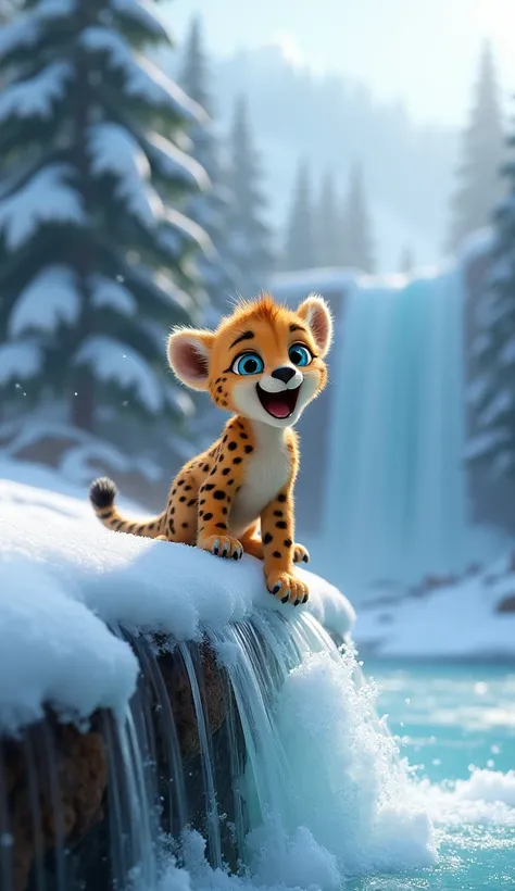 2nd Image: The Trapped Cheetah Cub

"A small cheetah cub, with soft golden fur and black spots, is struggling near the edge of the waterfall. His paws have slipped on the ice, and he is clinging to a snowy rock with wide, frightened eyes. His tiny tail is ...