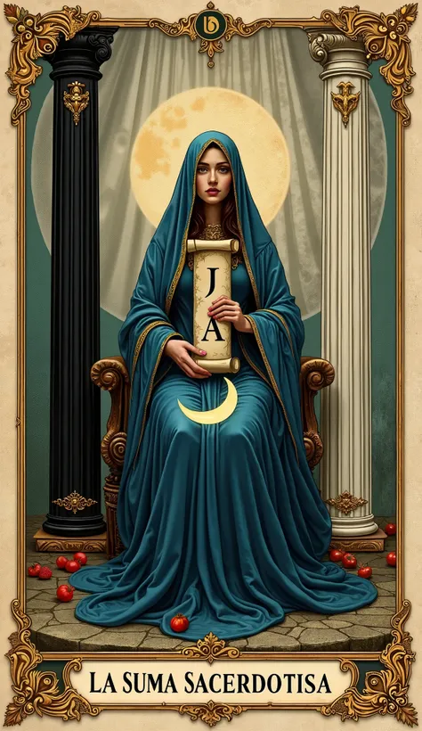 A traditional tarot card illustration of La Suma Sacerdotisa, inspired by the classic Rider-Waite deck. The central figure is a mystical high priestess, seated between two pillars—one black with the letter "B" and one white with the letter "J"—symbolizing ...