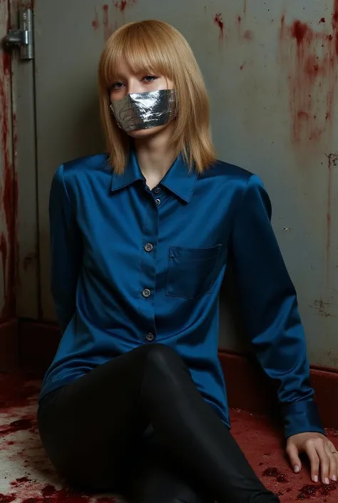   Margot is wearing black pants and a blue  ,  buttoned silk shirt in a bloody slaughterhouse. she sits on the floor, Head on the wall  ,  hands hidden behind back  ,   her mouth covered with silver tape  ,   blonde hair .