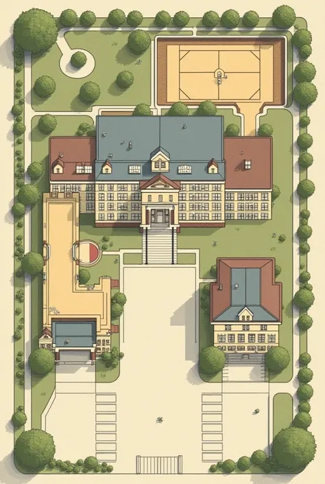 make a vintage school map...

- Main Building: A large rectangular building in the center. This contains classrooms, the office, and the library.
- Gym: A separate rectangular building to the right of the main building.
- Playground: A large open area to t...